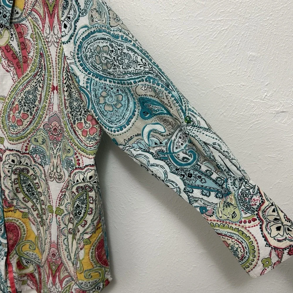 Sharon Young Top Sz M Blue‎ Colorful Artsy Abstract Floral Long Sleeve Button Up - Picture 5 of 12